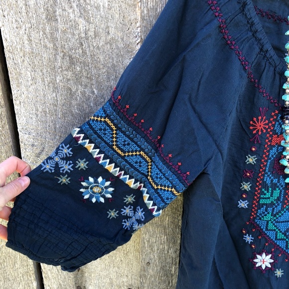 Johnny Was 3J Workshop Embroidered Bohemian Peasant Blouse Size Medium Blue - Picture 5 of 14